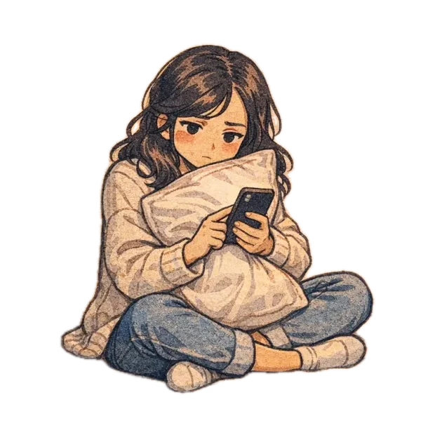 Cewek meluk bantal, bete sambil lihat HP.